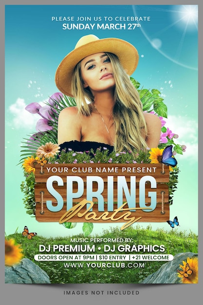 Spring party celebration or festival flyer or for social media post template