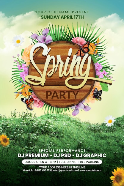 PSD spring party celebration or festival flyer or for social media post template