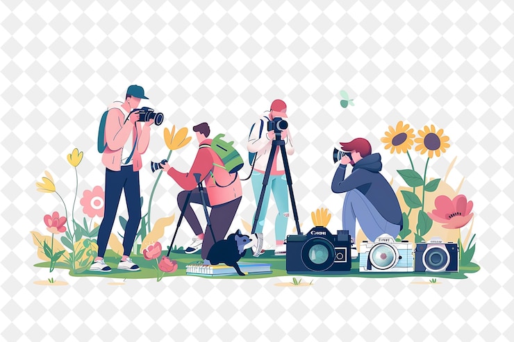 PSD png 페스티벌 2d 플래트 아트 일러스트레이션에서 사진을 찍는 캐릭터와 함께 봄 사진 세션