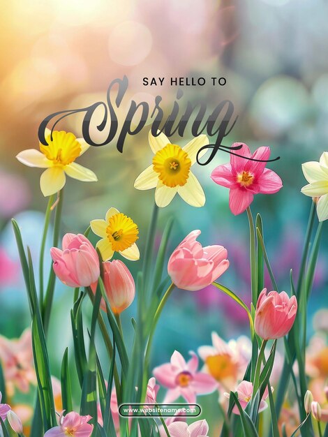 PSD spring poster template with abstract blank blurred spring flowers background