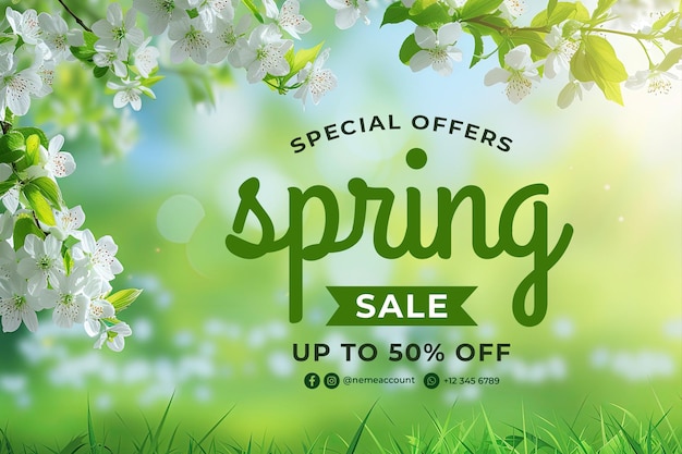 Spring sale banner template with a background of flowers and grass in spring