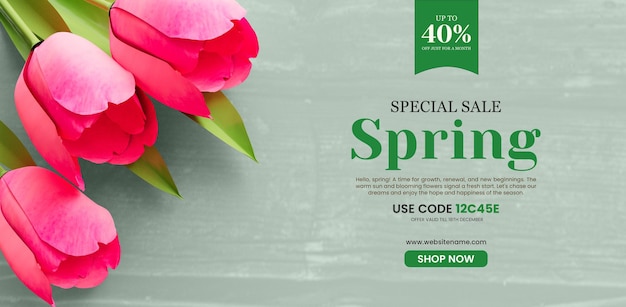 PSD modello di banner di vendita di primavera con tulipani colorati
