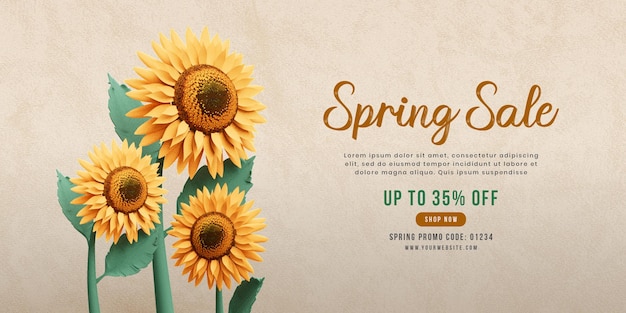 PSD spring sale banner template with sunflowers