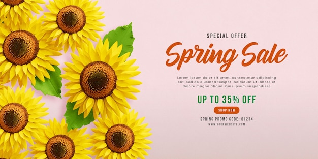 PSD spring sale banner template with sunflowers