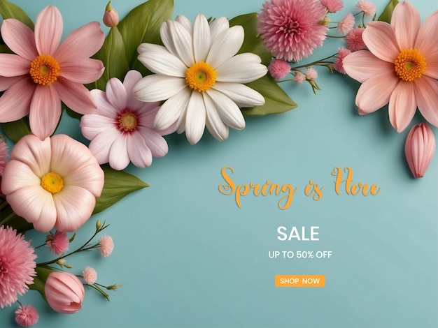 PSD spring sale floral frame banner design template on an aqua or green background