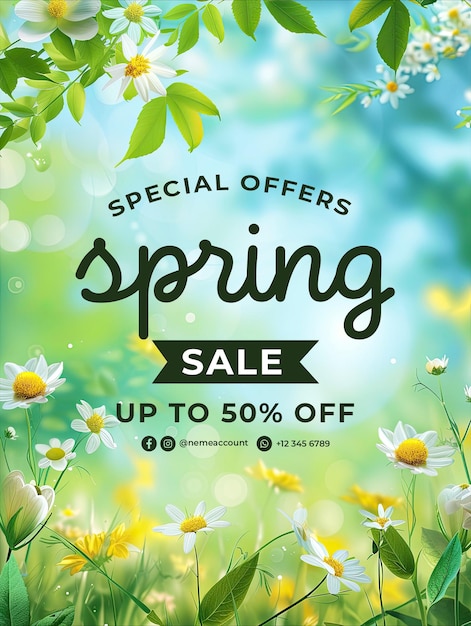 PSD 봄에 꽃과 풀의 배경으로 봄 판매 포스터 템플릿