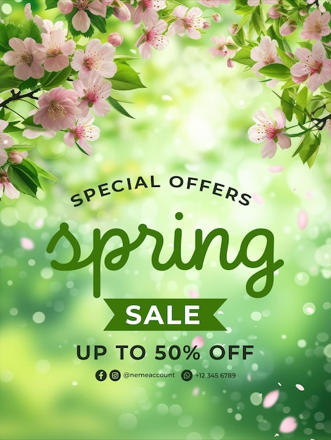 PSD spring sale poster template with with a background of flowers and grass in spring