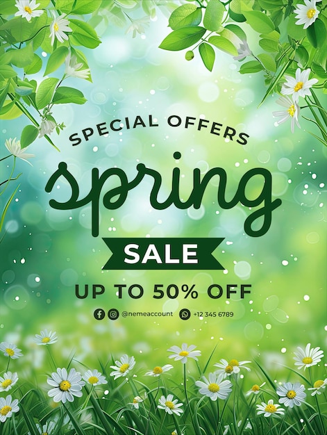 Modello di poster di vendita primaverile con con uno sfondo di fiori e erba in primavera