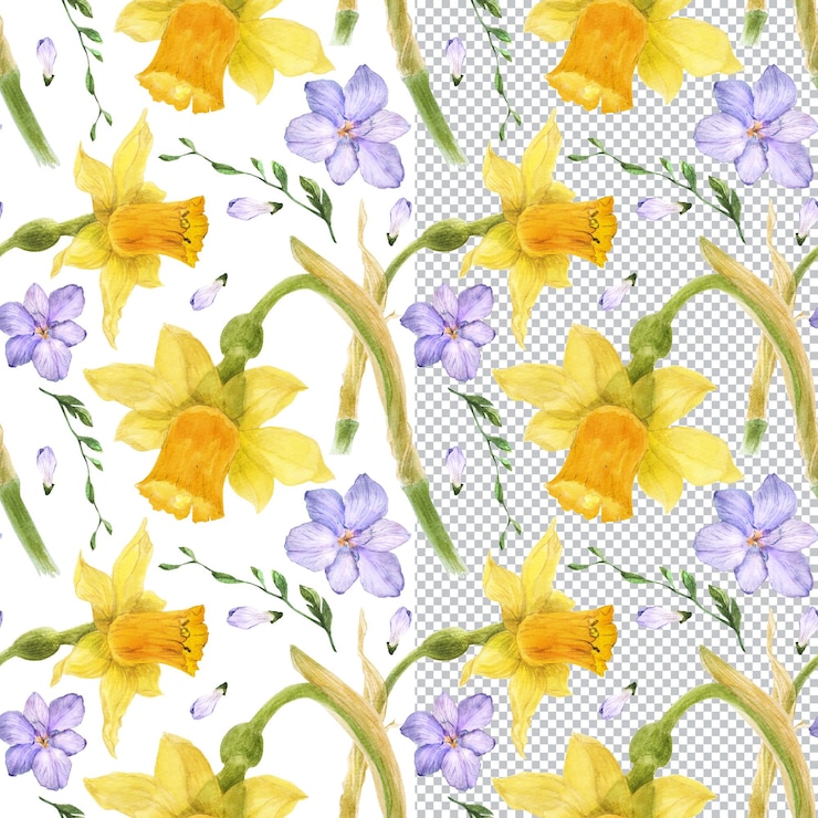 PSD spring seamless pattern of alstroemeria and daffodil flowers botanical watercolor floral illustration