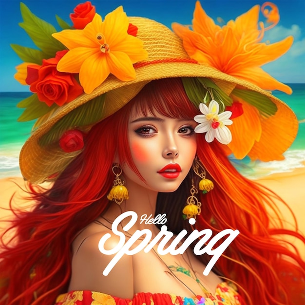 Spring social media post template with beautiful girl and flowers ai picture