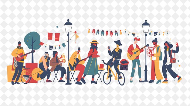 spring street performance with characters performing street png festival 2d flat art illustrations