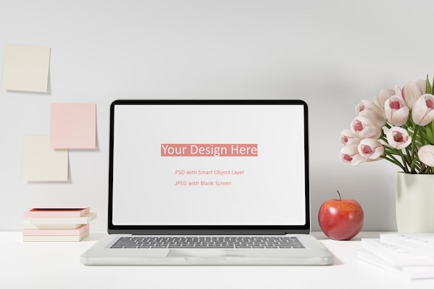 Spring white mug mockup on table with tulips and books