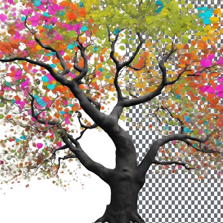 PSD springtime tree with vibrant colors isolated on transparent background
