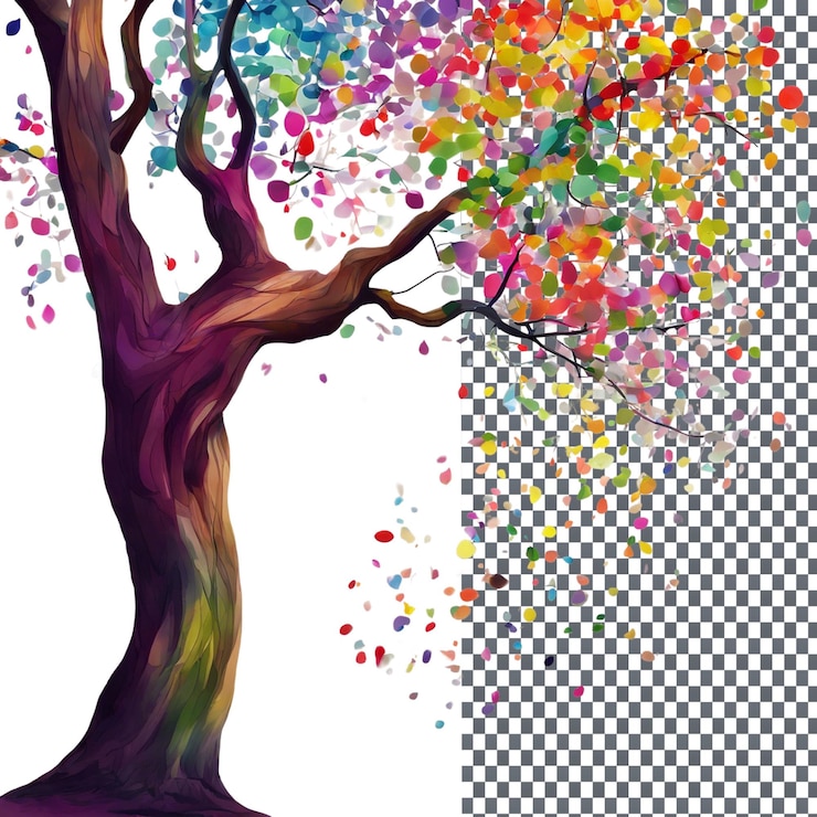 PSD springtime tree with vibrant colors isolated on transparent background