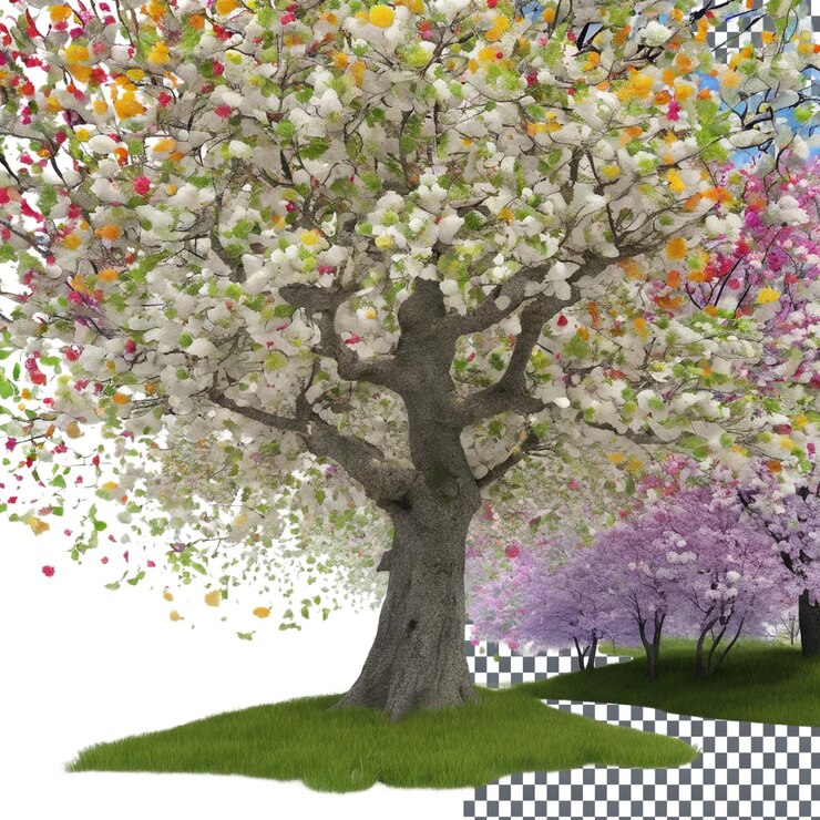 PSD springtime tree with vibrant colors isolated on transparent background