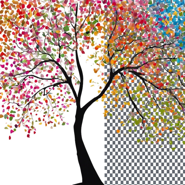 PSD springtime tree with vibrant colors isolated on transparent background