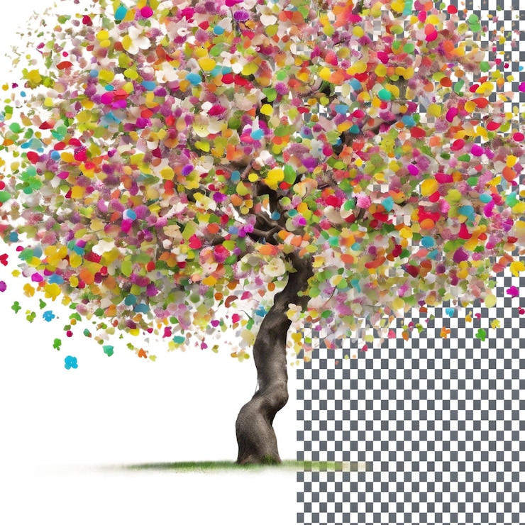 PSD springtime tree with vibrant colors isolated on transparent background