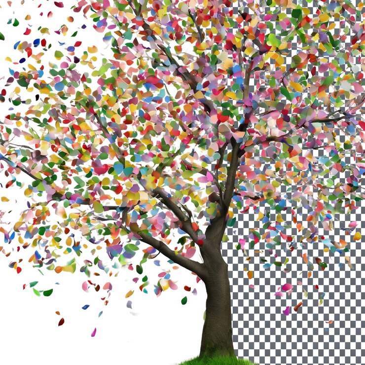 PSD springtime tree with vibrant colors isolated on transparent background