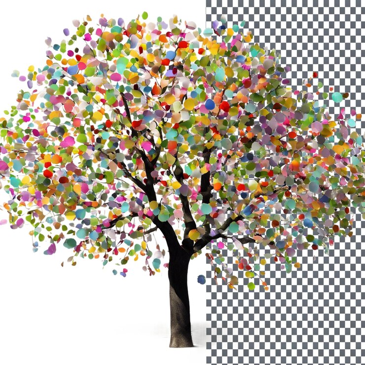 PSD springtime tree with vibrant colors isolated on transparent background