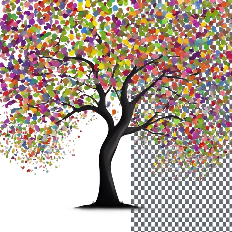 PSD springtime tree with vibrant colors isolated on transparent background