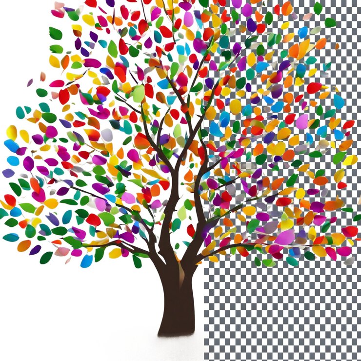 PSD springtime tree with vibrant colors isolated on transparent background