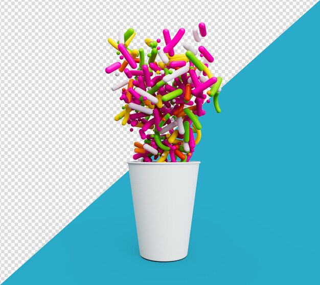 PSD sprinkles spilling out of a cup container isolated on white rainbow sprinkle spilled 3d illustration