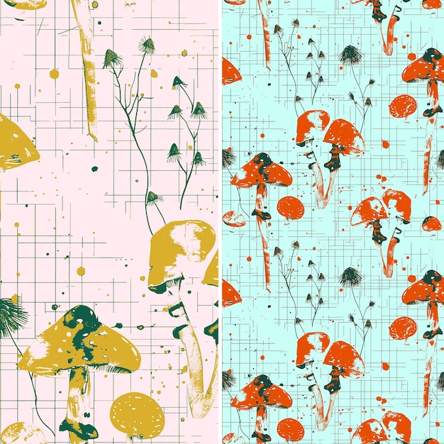 sprouting mushrooms with round caps and watercolor design wi illustration vector pattern designs
