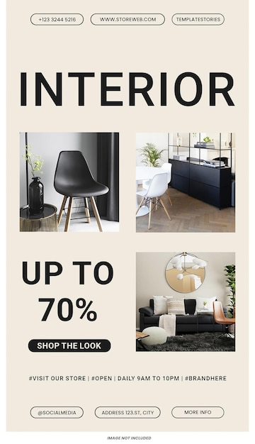 PSD sprzedaż do 70% modern interior z minimalistycznym meblem szablon instagram stories psd design