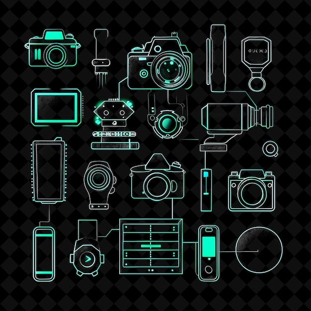 PSD camera pixel spia con design di spionaggio e lente e microfono y2k shape neon color art collections