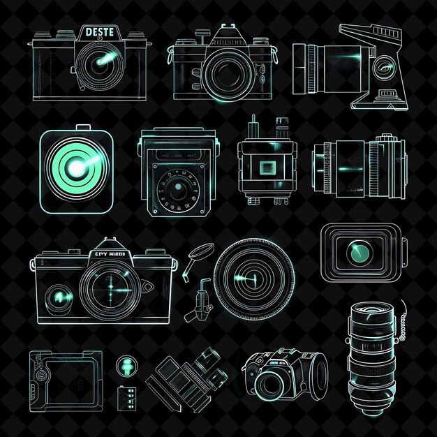 PSD camera pixel spia con design di spionaggio e lente e microfono y2k shape neon color art collections