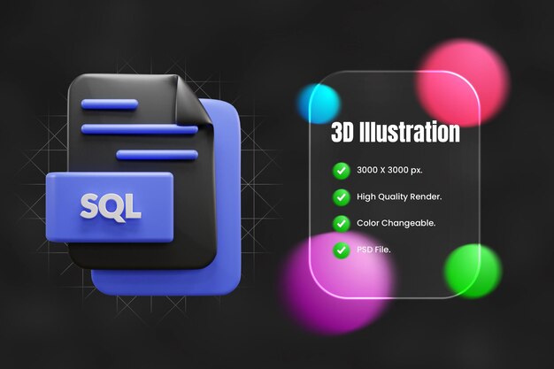 PSD sql file 3d icon or sql file 3d icon illustration