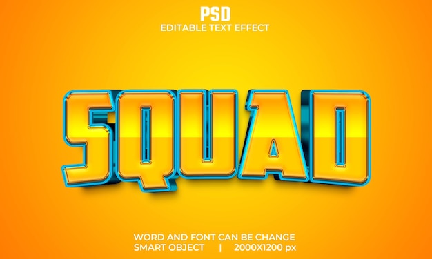 Squad 3d bewerkbaar teksteffect premium psd met achtergrond