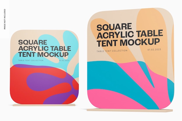 Square acrylic table tents mockup, front and right view