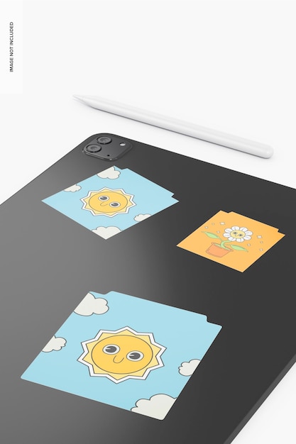 Square adhesive stickers on tablet mockup, right view