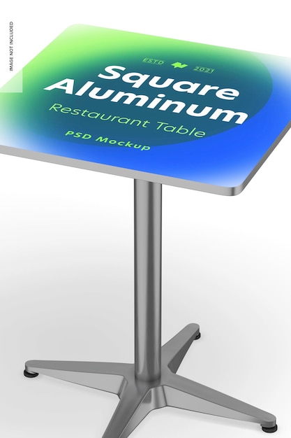 Square aluminum restaurant table mockup, close up