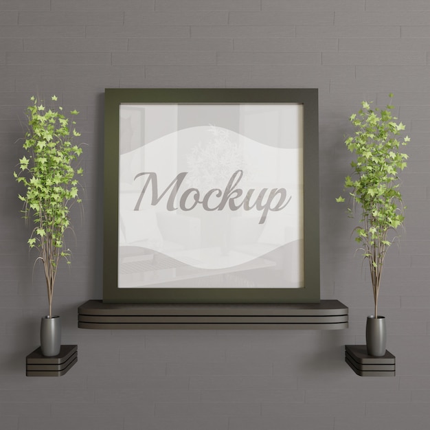 Square black frame mockup on the wooden wall desk.simple modern and minimalism mockup