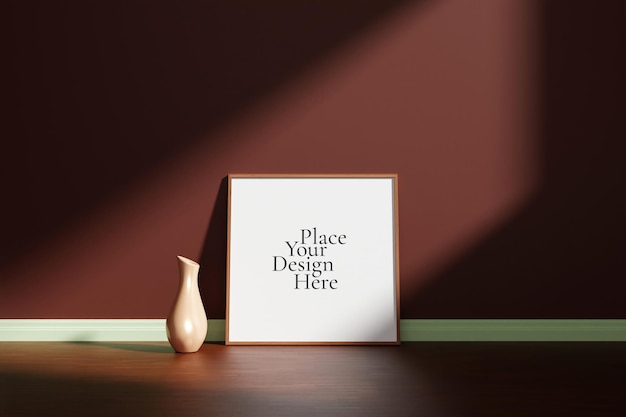 Square black poster or photo frame mockup with vase on the wooden floor leaning against the room wall with shadow