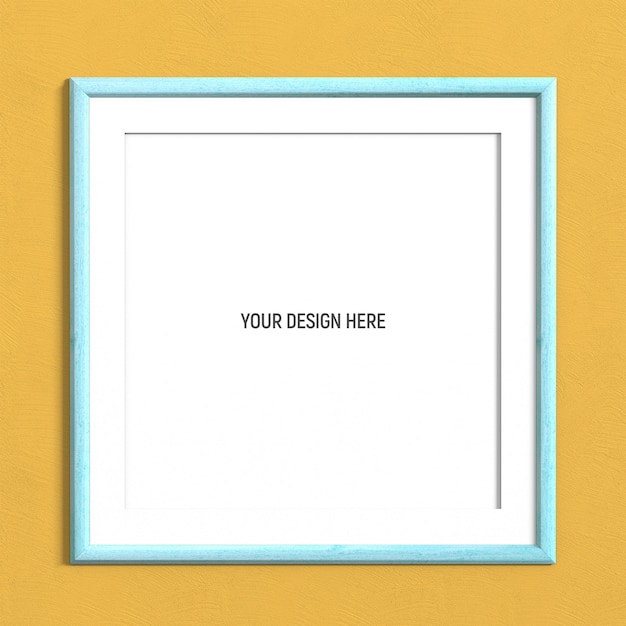 Square Blue frame mockup on yellow textured wall 