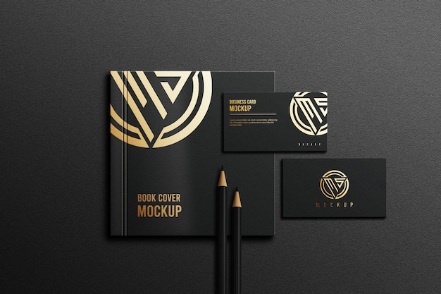 PSD square book cover mockup with business card