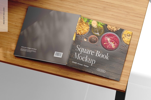 square book on table mockup right view