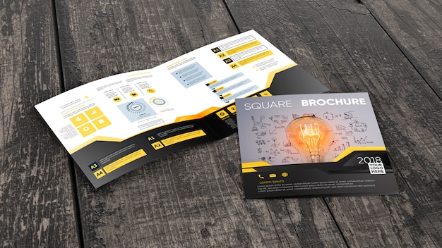 square brochure mockup on wooden surface