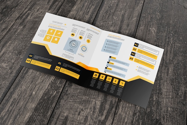 PSD square brochure mockup on wooden surface