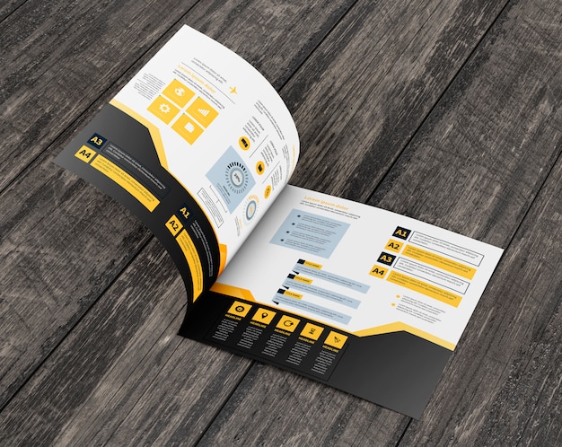 Square brochure mockup on wooden surface