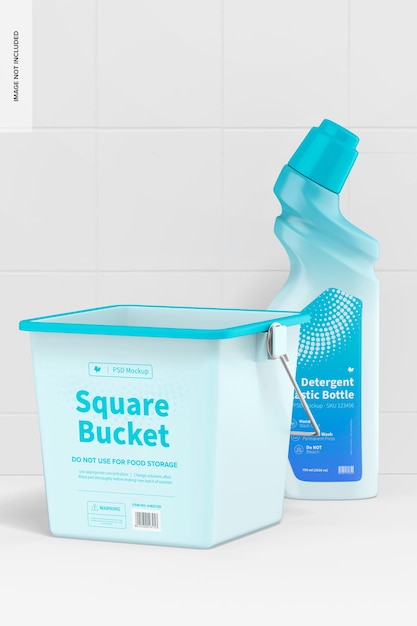 Square bucket with cleaner bottle mockup