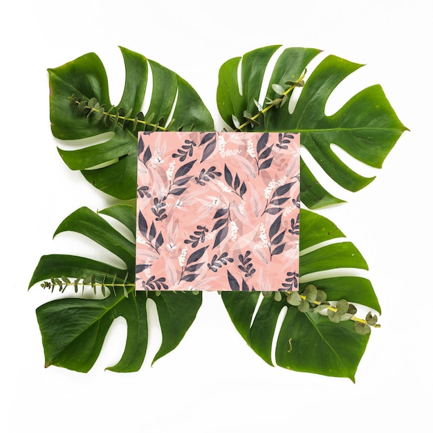 square card mockup with tropical leaves