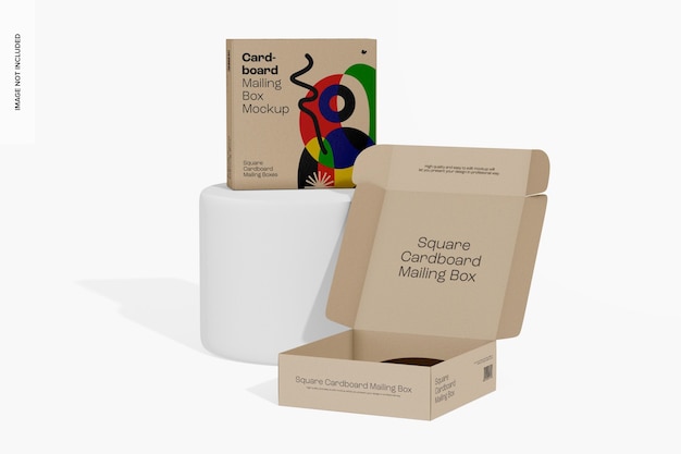 Square cardboard mailing box mockup on podium