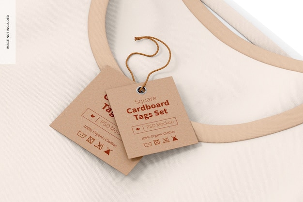 Square cardboard tags set with a t-shirt mockup