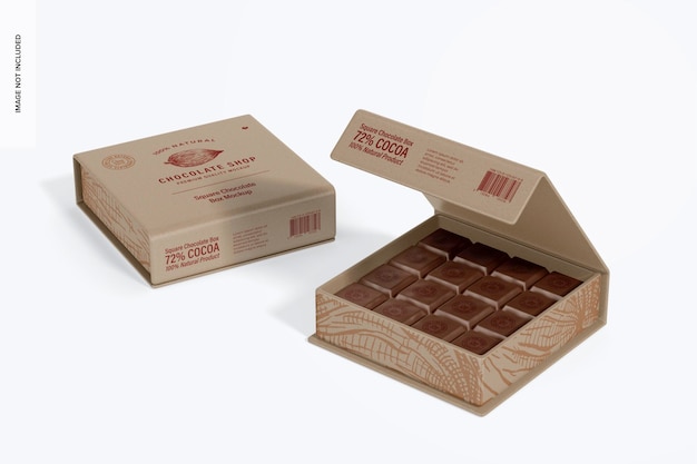 Square chocolate boxes mockup opened and closed