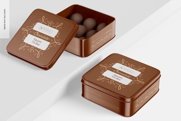 Square chocolate tin boxes mockup, opened and closed