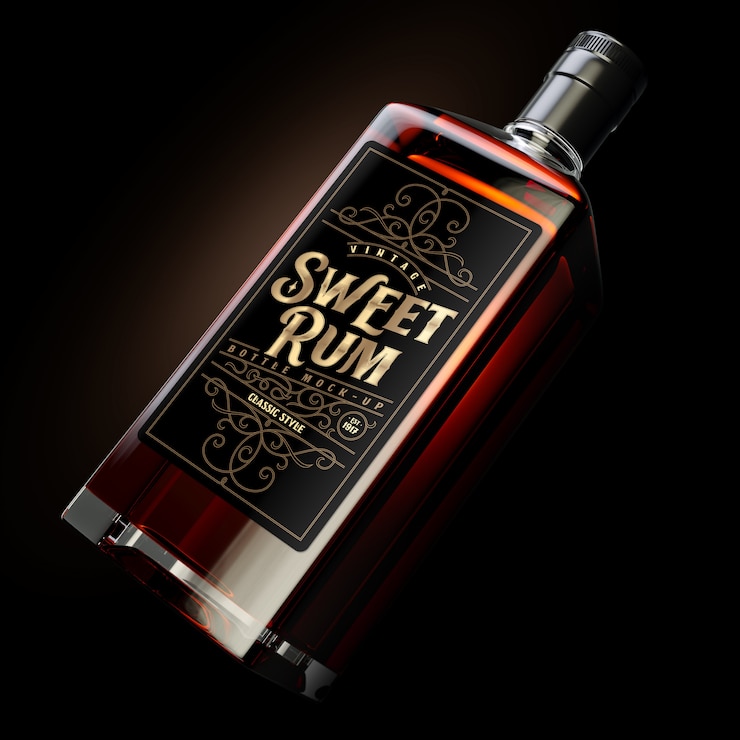 PSD square dark rum bottle mockup with label